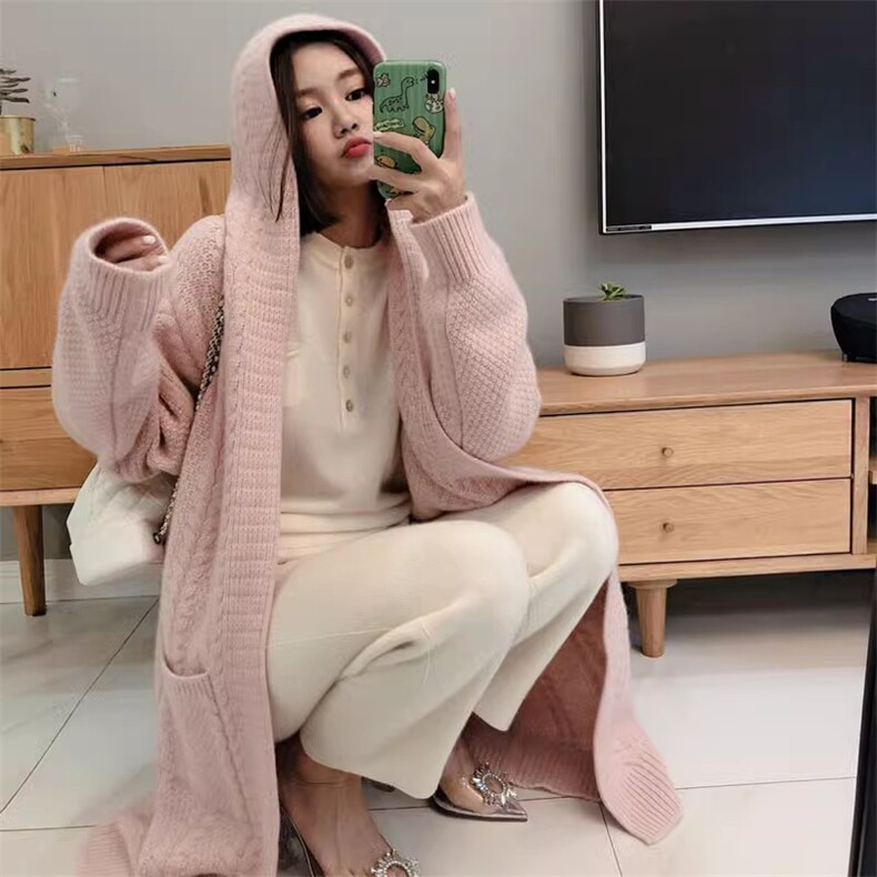 慵懒简约100%纯山羊绒针织开衫女宽松麻花中长款秋冬加厚外搭毛衣,女装羊毛衫,隆格羊绒