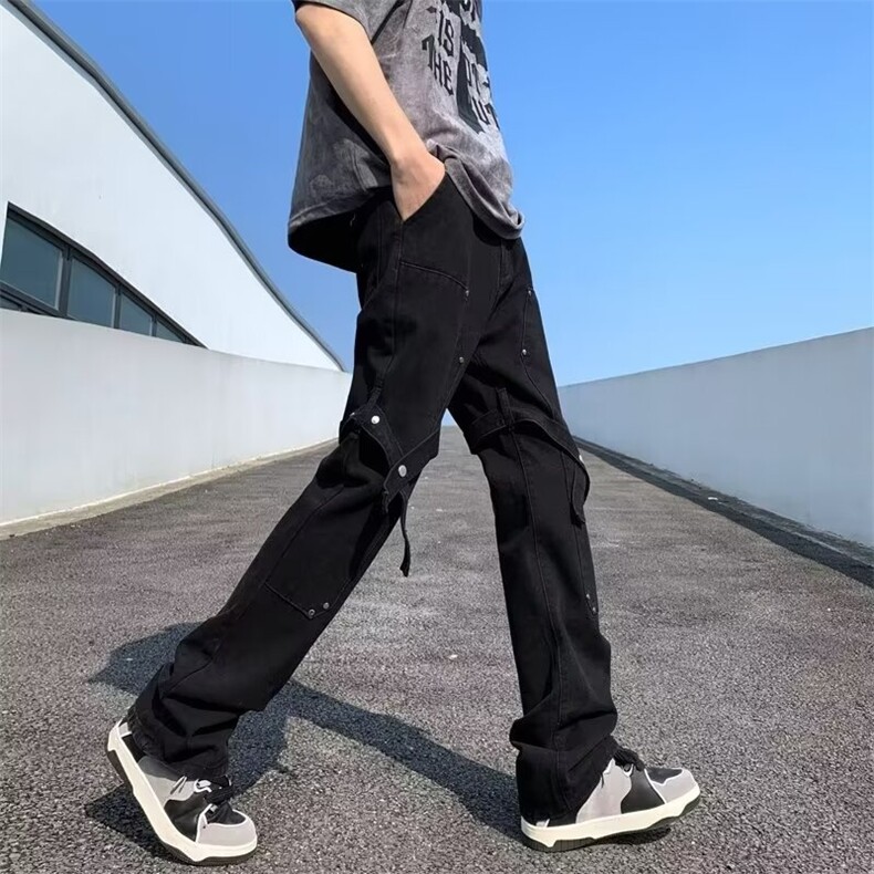 高街排扣工装裤男直筒修身微喇裤子美式街头潮牌休闲长裤N121/P42,男装工装外套,星座506