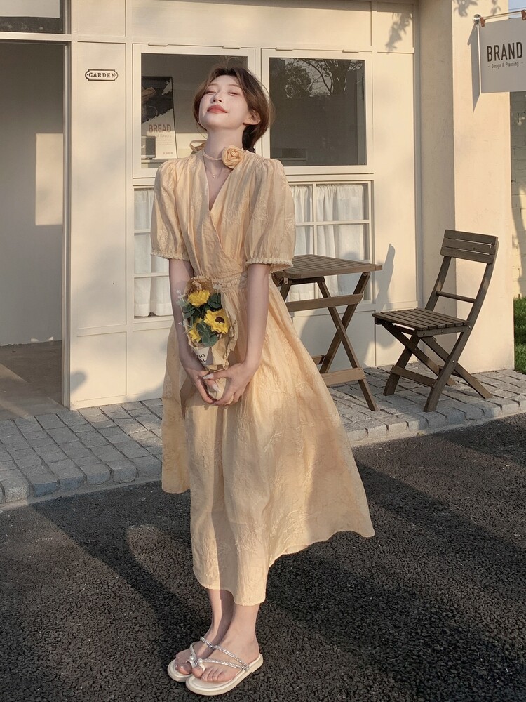 夏季新品！亮片刺绣花朵度假风连衣裙85113桔色-208A-P175-K270,女装连衣裙,浙宝208A