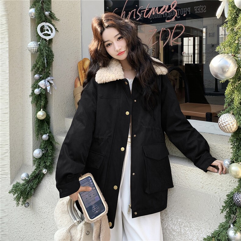 现货！90绒！羊羔毛领拼接麂皮绒羽绒服女外套2C325-5959P275K428,女装羽绒服,2C325