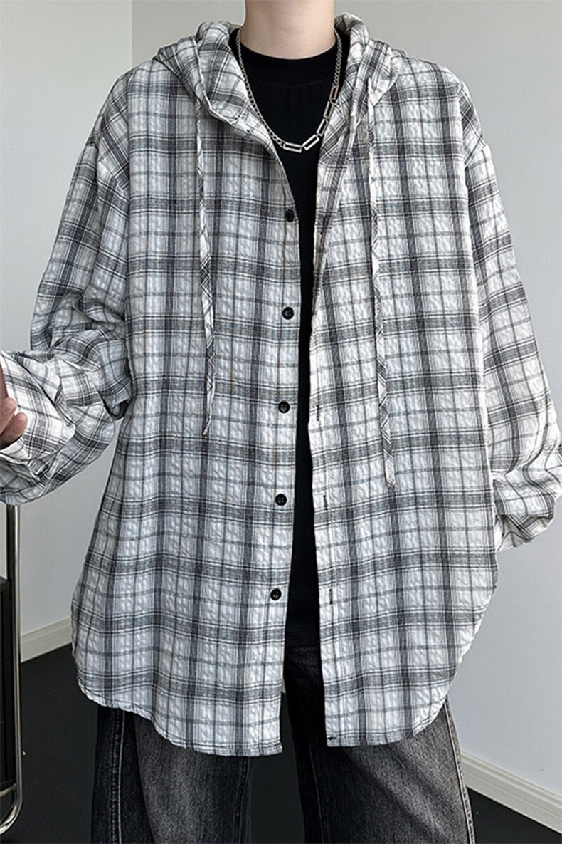 廓形防晒衬衫男夏季长袖冰丝薄款亚麻格子衬衣开衫外套CS29006P50,男装衬衫,电商B312