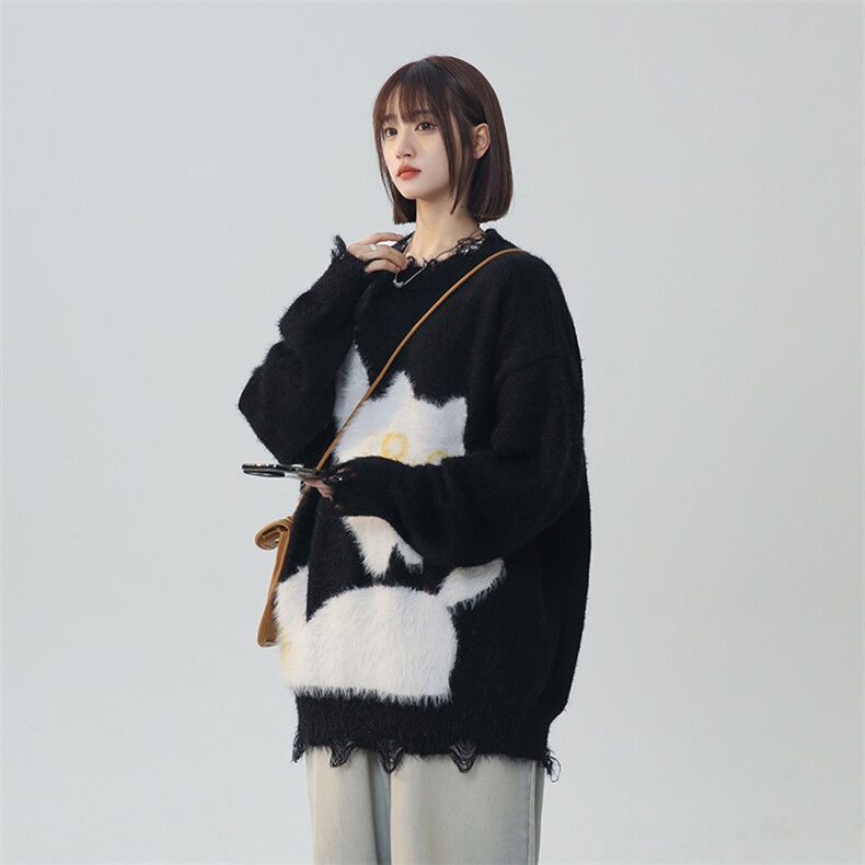 美式复古学院风猫猫趣味针织衫情侣毛衣XZ225-3-MY809-P80控98,男装针织衫/毛衣,星座225-3
