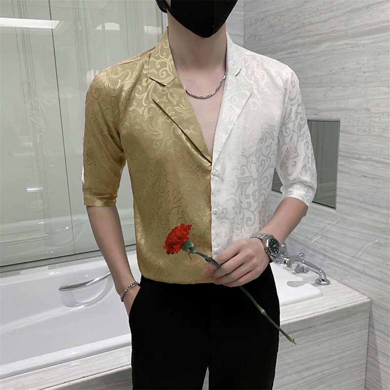 2023春夏男中袖衬衫社会风个性衬衣西装领拼接衬衫H750-P55,男装衬衫,星座419（原A233）