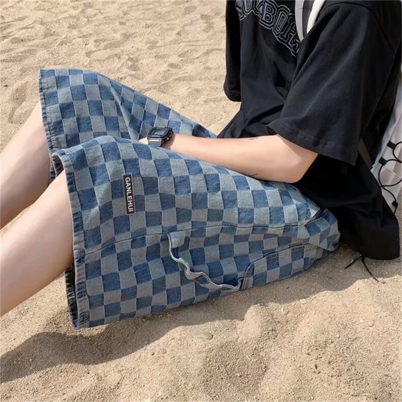 棋盘格牛仔裤夏季韩版时尚个性宽松休闲五分中裤潮流 K3118-P38图片