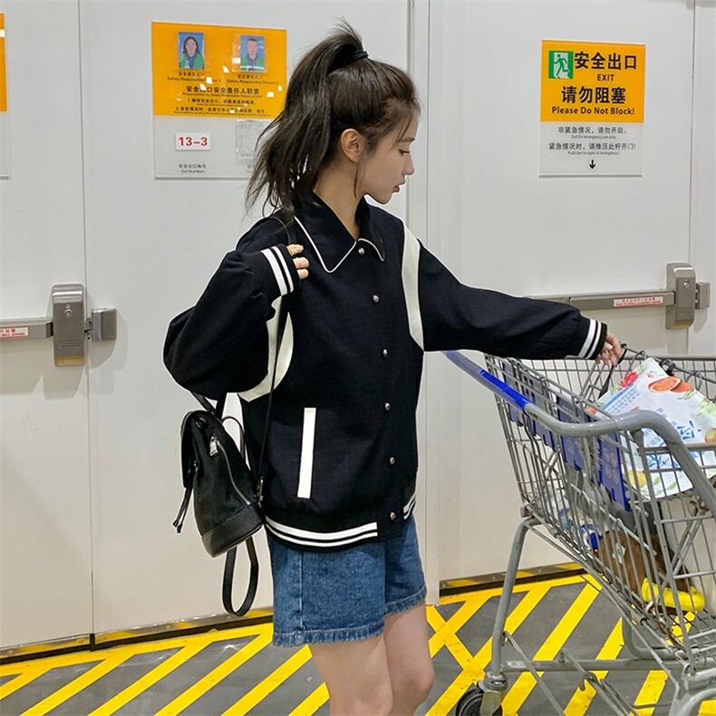 学院风撞色拼接小个子短外套女秋新款美式运动服棒球服夹克外套潮,女装短外套,一九零
