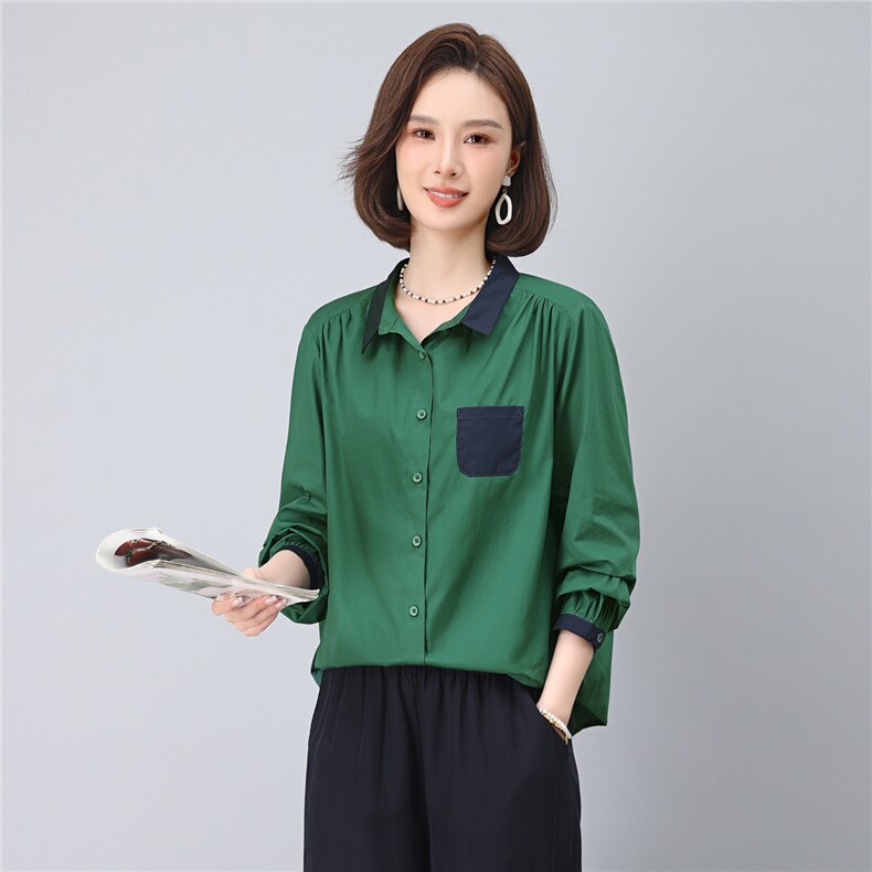 2025年秋季时尚撞色翻领纯棉100%休闲文艺衬衣,女装衬衫,依恋蒂丝