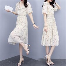 2021年夏季雪纺套头V领碎花松紧腰短袖中长款连衣裙，女装连衣裙，依如秀(原杭风阁)