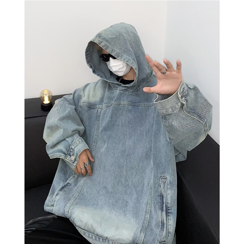 复古拼接水洗做旧牛仔连帽卫衣男女情侣潮牛仔卫衣8605P60,男装卫衣,星座410-2