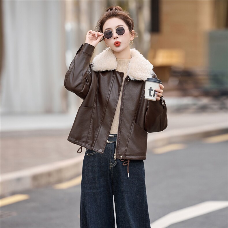 加绒皮衣外套女短款春秋冬季2025新款高级感时髦通勤休闲夹克上，女装皮衣，江南女神