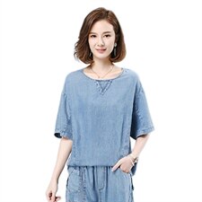2021夏季新款简约时尚气质圆领拼接水洗牛仔短袖，女装T恤，叶笙衣