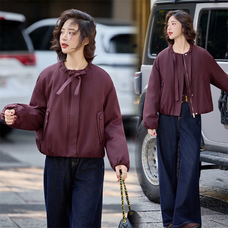 水衣源2798款纯色圆领飘带短款休闲宽松羽绒服女保暖外套，女装羽绒服，水衣源