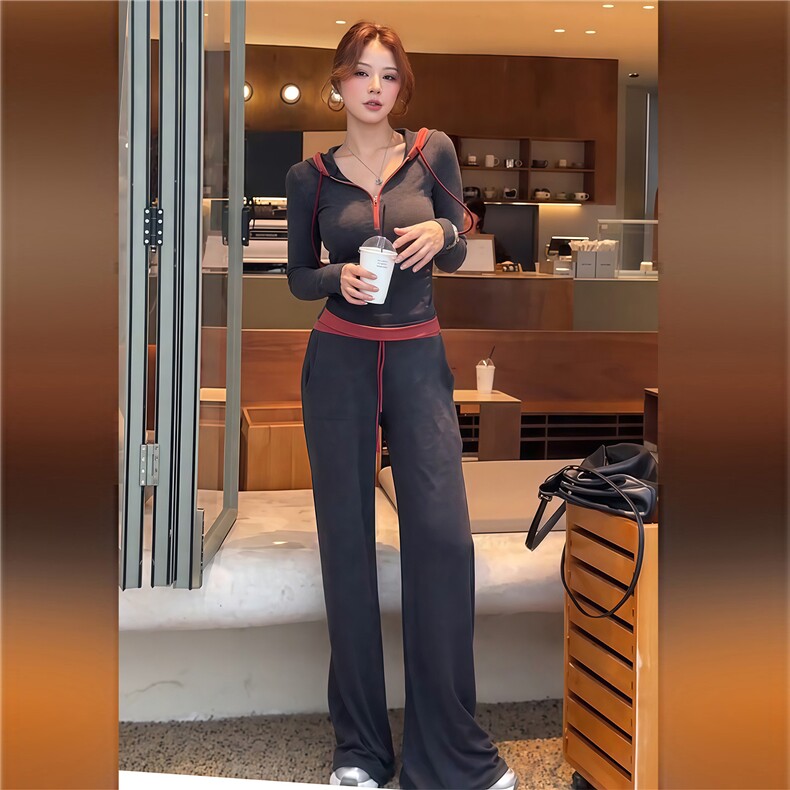 慵懒风一整套穿搭女春季时尚休闲撞色拼接长袖上衣阔腿长裤两件套,女装套装/套裙,江南