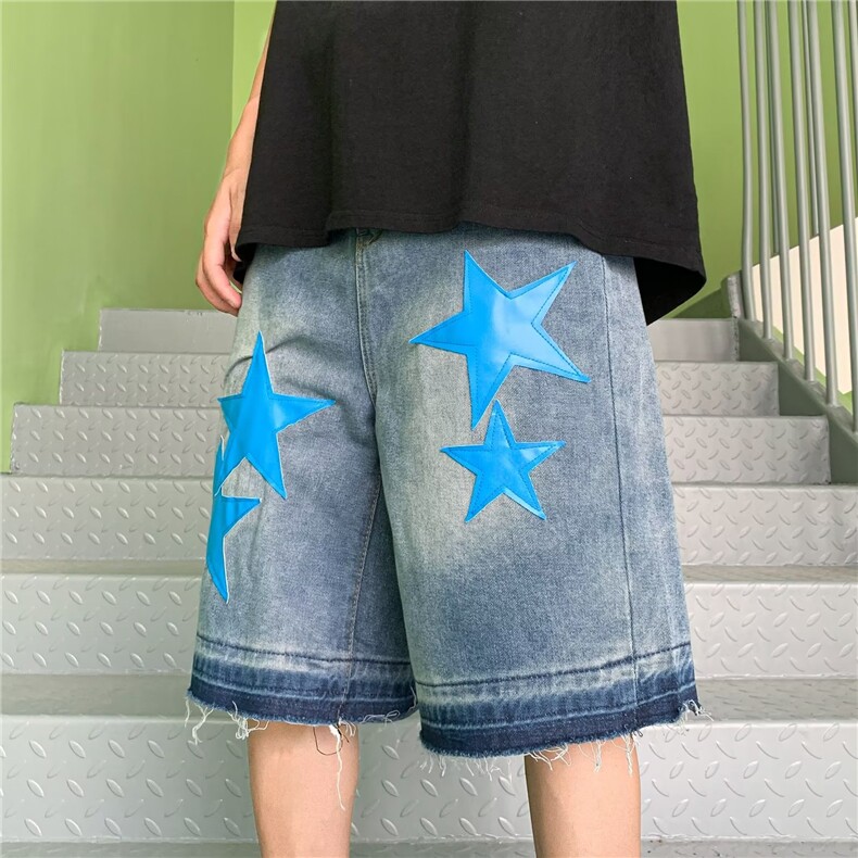 美式复古星星牛仔短裤男女夏季潮牌宽松百搭休闲五分裤JM3120-P45，男装牛仔裤，星座1008
