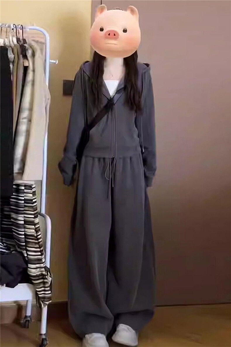 女春季新款时尚休闲套装宽松减龄拉链开衫抽绳外套直筒长裤两件套,女装套装/套裙,江南