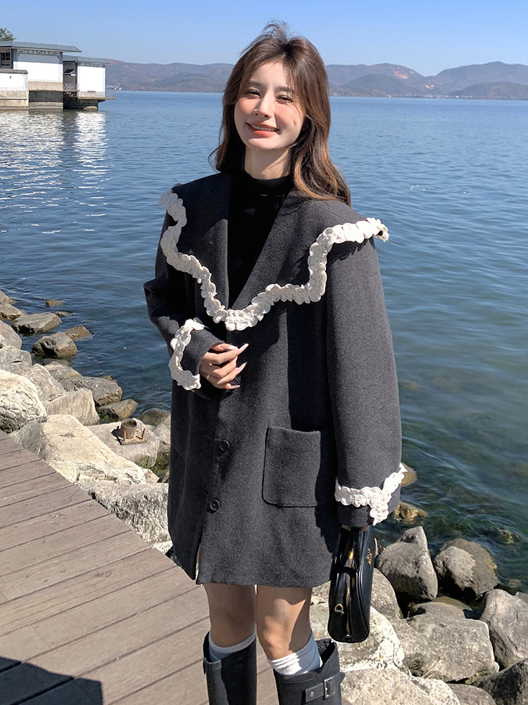 2025春季新款蕾丝气质海军领灰色小西装外套女中长款宽松休闲西服,女装短外套,韩蜜菓