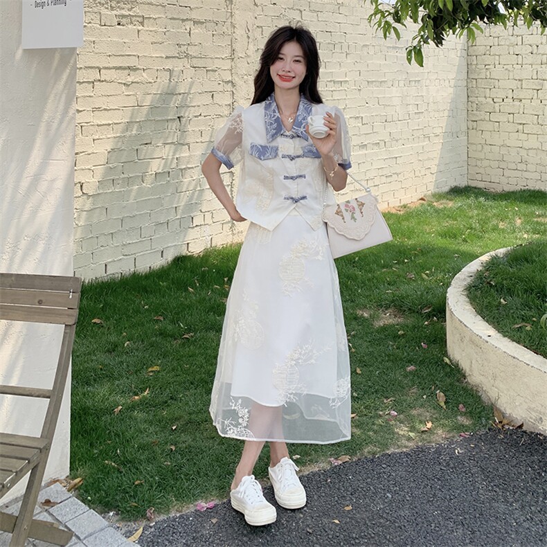新中式禅意套装裙女2025新款夏季国风高级感盘扣上衣半身裙两件套,女装套装/套裙,浪娴服饰