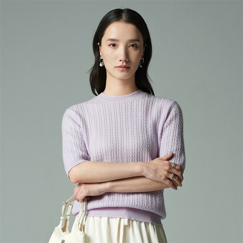 山羊绒绞花短袖毛衣女夏装新款圆领套头短款针织衫35%羊绒衫,女装羊绒衫,木淼羊绒