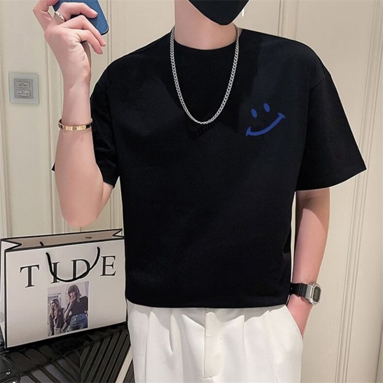 笑脸刺绣短袖男士T恤潮牌潮流高品质半袖smile打底衫2025夏季新款,男装T恤,星座1210-1