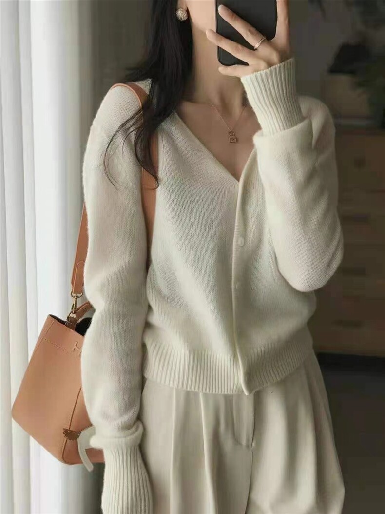 羊毛开衫女短款宽松毛衣外套春秋新款韩版V领针织衫薄款,针织衫/毛衣,伟泽羊绒