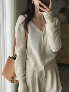 羊毛开衫女短款宽松毛衣外套春秋新款韩版V领针织衫薄款图片