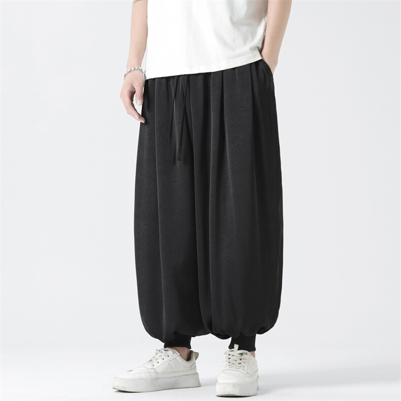 K8508P60无影墙暗纹褶皱提花夏冰丝新中式暗黑风宽松哈伦裤，男装休闲裤，电商A026
