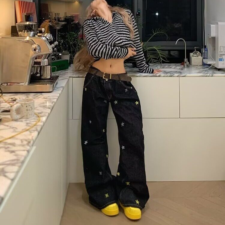 N9019-P50大码高街趣味设计感小狗刺绣牛仔裤女秋季新款2025，男装牛仔裤，电商B323A