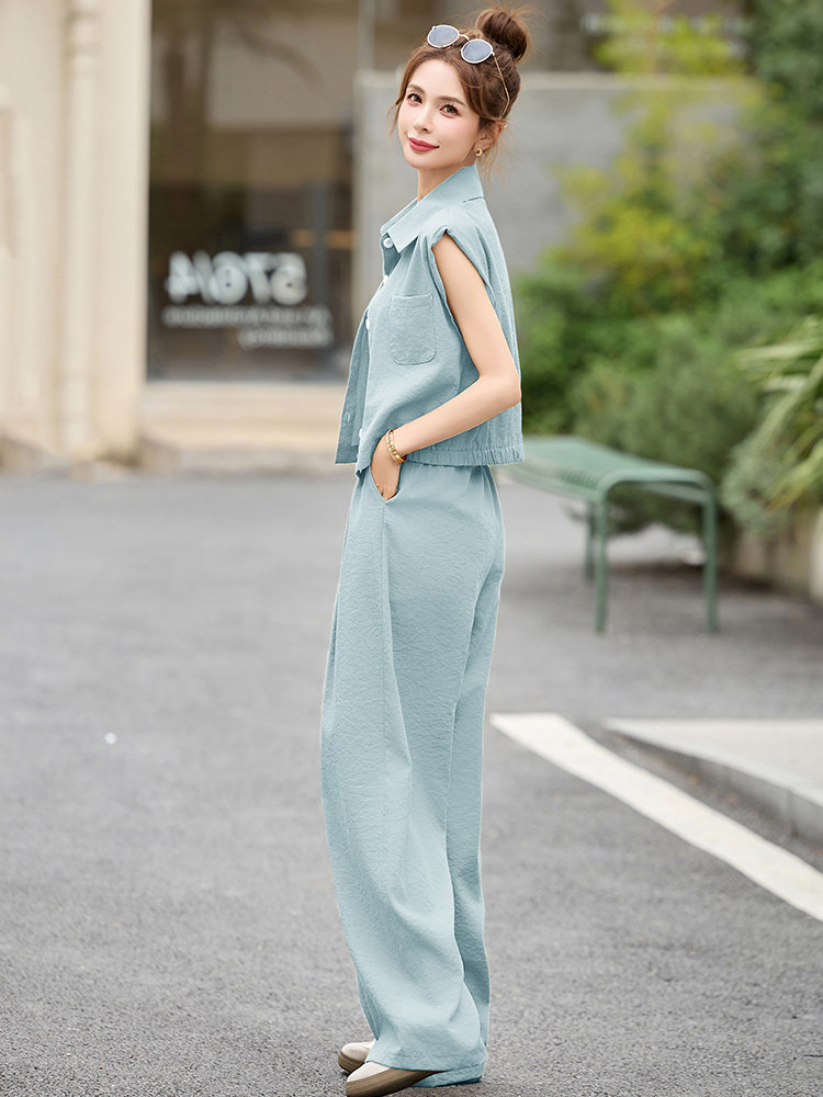 夏日漂亮小套装女2025夏季新款超火减龄黄色穿搭马甲阔腿裤两件套,女装套装/套裙,罗腾