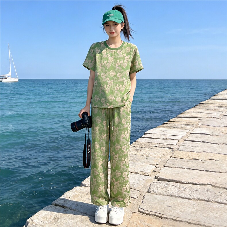 女夏季新款高端时尚花色短袖T恤套装宽松显瘦抽绳阔腿裤两件套潮,女装套装/套裙,江南