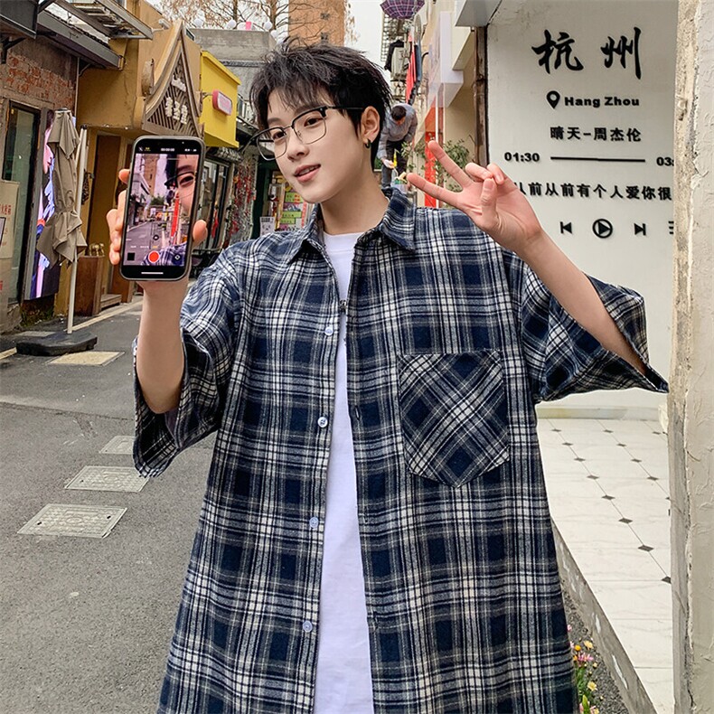 短袖衬衫男夏季新款磨毛格子衬衣DX711-特批25无差价,男装衬衫,星座214-3