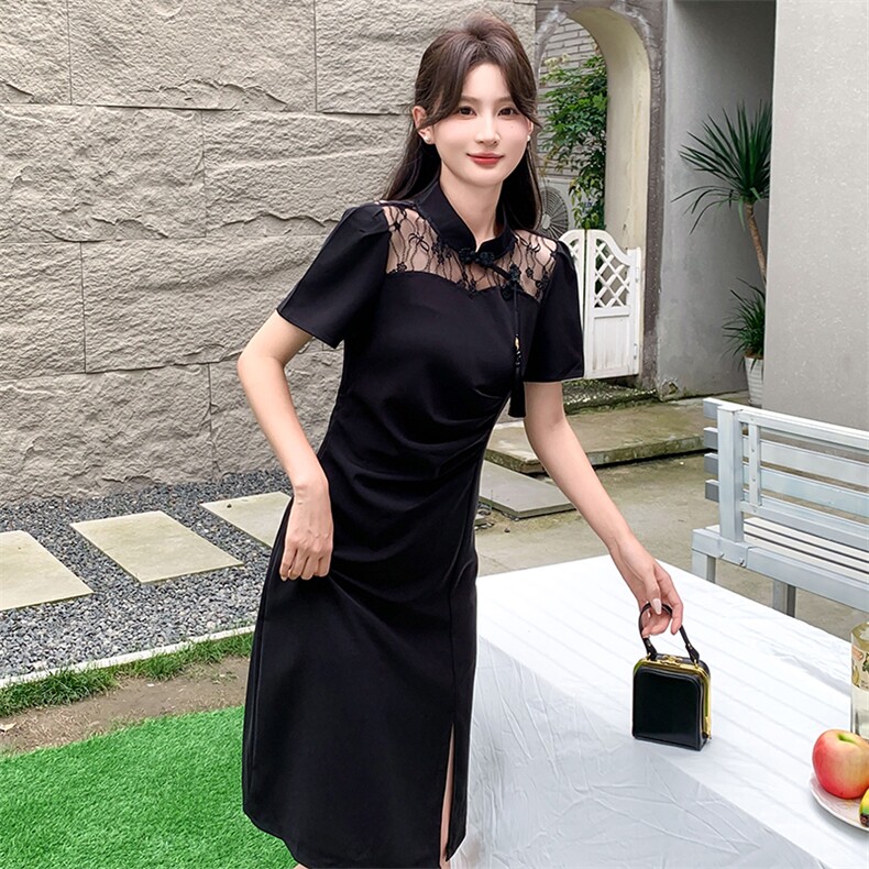 现货高级感棋牌夏季时尚蕾丝连衣裙气质显瘦简约大方减龄连衣裙女,女装连衣裙,然然