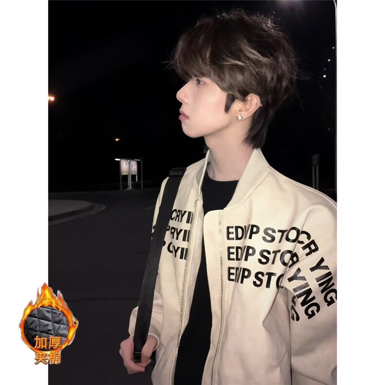 网图美潮蛋白PU皮印花夹棉飞行员夹克棉服外套W1895/特P85,男装夹克,电商B350