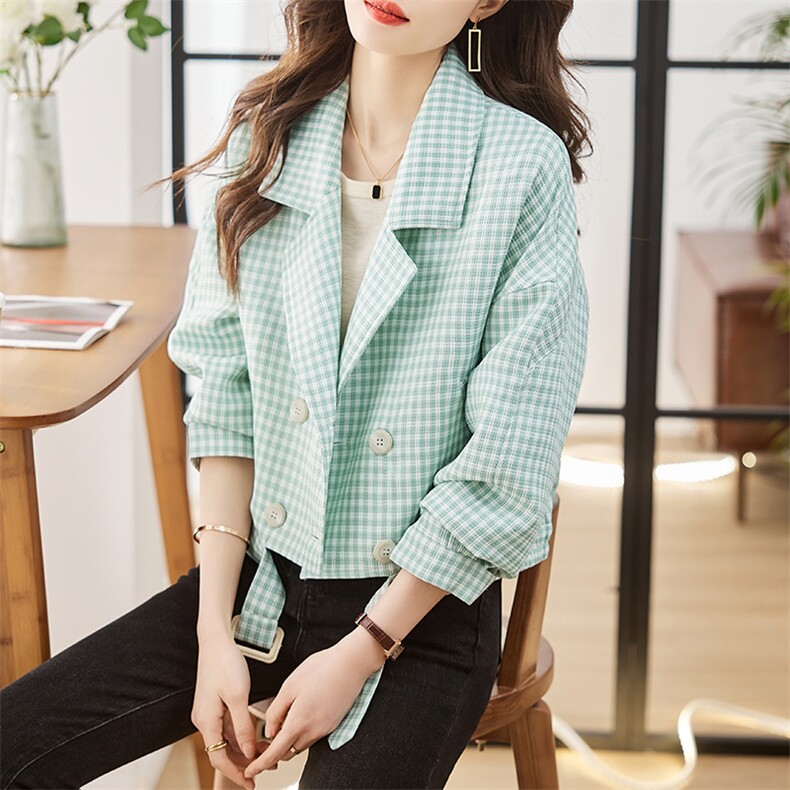 小个子短款格子外套女2023春季新款时尚百搭单排扣夹克风衣上衣,女装短外套,辉之琳