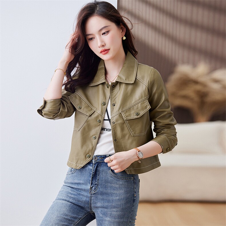 皮衣外套女2023年秋冬新款水洗皮机车服显瘦pu皮夹克韩版短外套潮,女装皮衣,江南女神