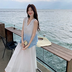 夏日度假风旅游穿搭连衣裙女2025新款扎染镂空背心吊带裙两件套装，女装套装/套裙，2C110
