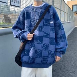 2023秋冬刺绣卡通格子毛衣男新款复古宽松针织衫上衣  M738-P40图片