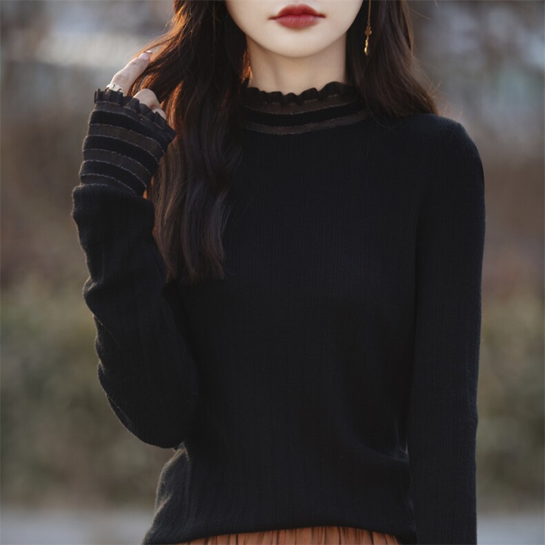 高级感打底衫2025春季蕾丝花边上衣女内搭半高领镂空针织衫羊毛衫,女装羊毛衫,戎美山