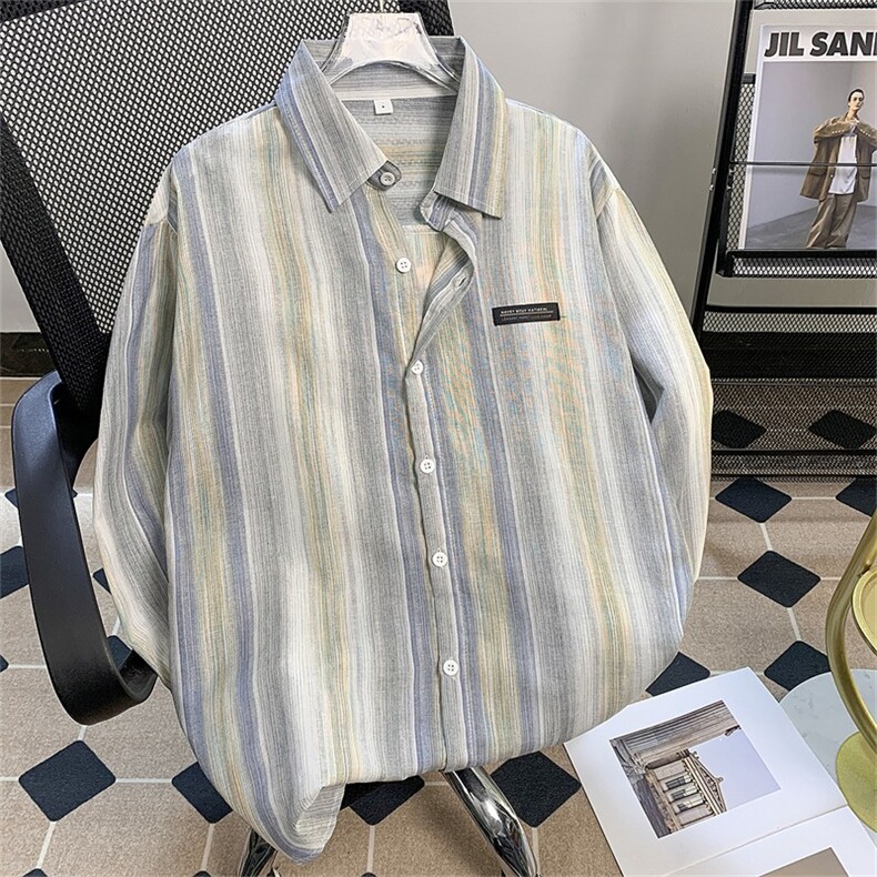 日系复古条纹衬衫长袖夏季薄款亚麻衬衣宽松潮流情侣上衣C513/P45,男装衬衫,星座506B