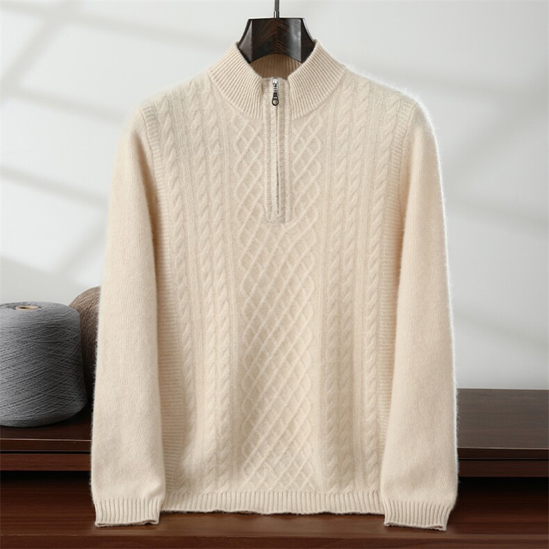 秋冬新款纯色针织半高拉链套头上衣，男装针织衫/毛衣，隆格羊绒