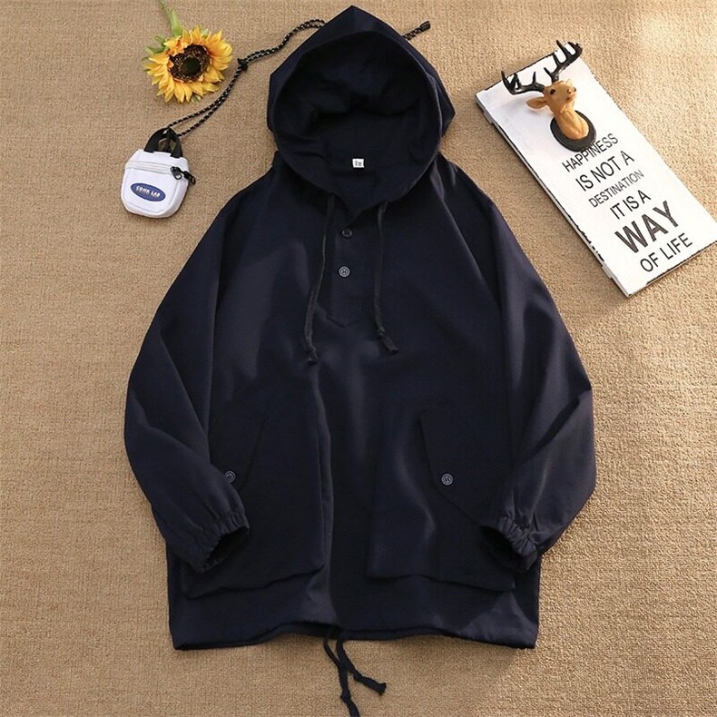 HY073-P38 新款情侣连帽夹克男宽松套头休闲上衣百搭纯色工装外套图片