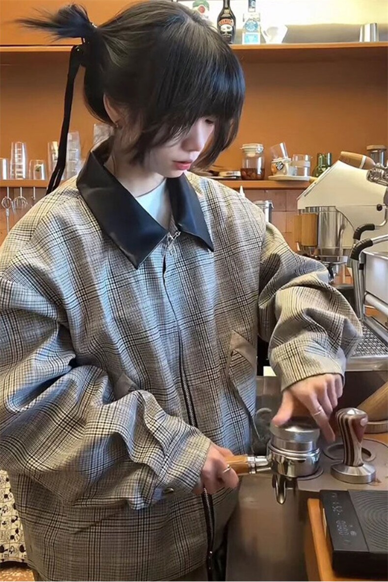 千鸟格外套设计高级感廓形翻皮领哈灵顿夹克JK5344特P68,男装夹克,星座908-1