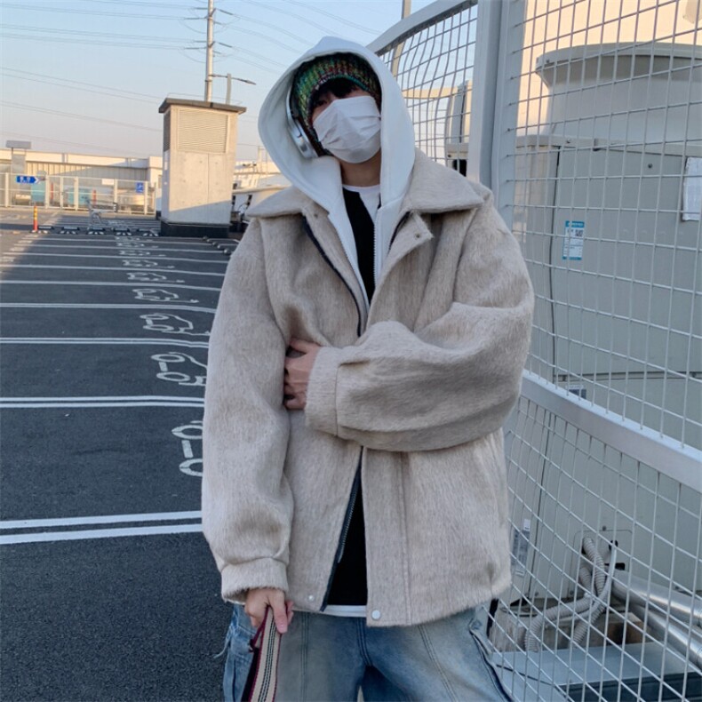 24冬里布加棉加厚阿尔巴卡呢子带帽宽松中性港风男外套M897-P138,女装短外套,电商A170