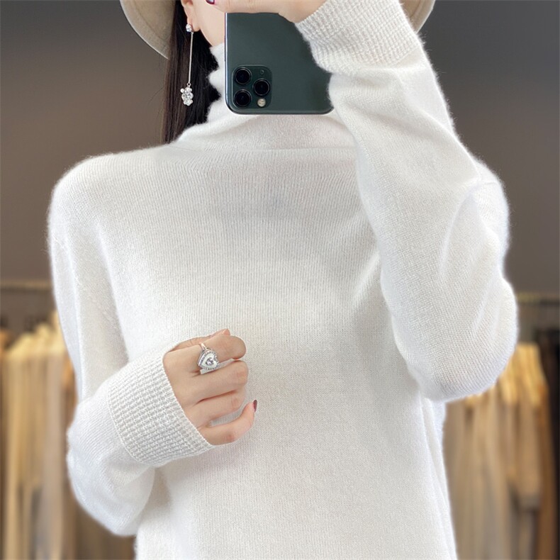 高端一线成衣女高领秋冬羊毛针织套头毛衣堆领翻领上衣,女装羊毛衫,昭美羊绒