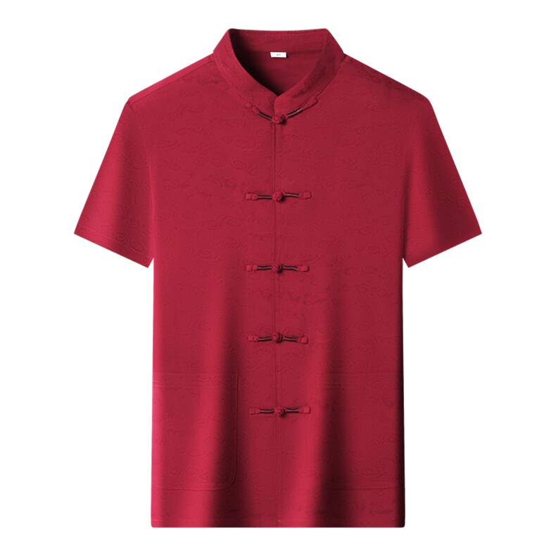 主推大货中年仿真丝绸唐装短袖衬衫男士中老年风复古珠扣T恤,男装T恤,钱塘723