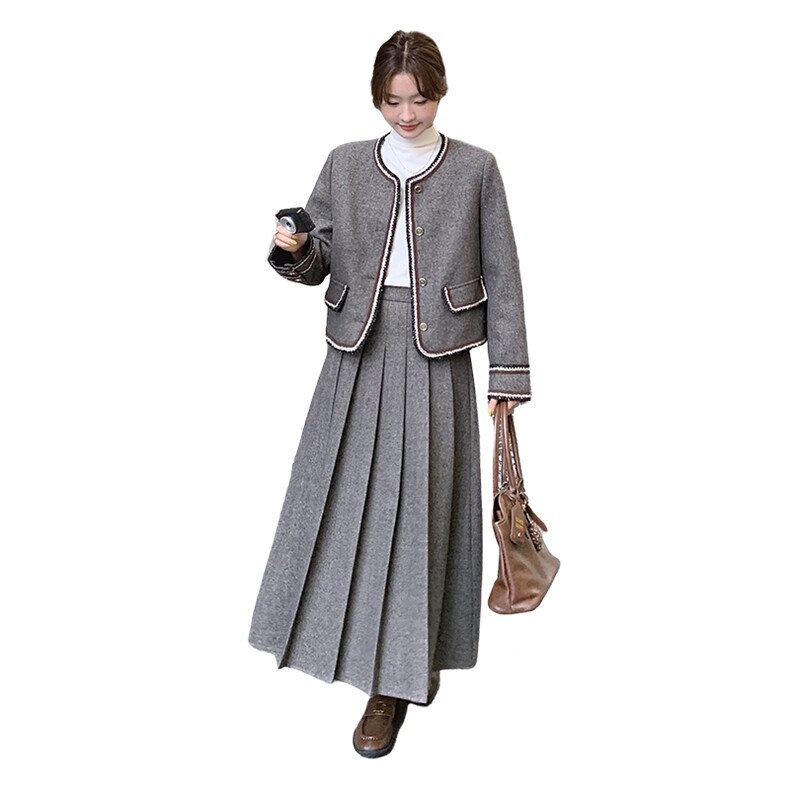 新款高品质毛呢外套百褶裙两件套【上衣内里加棉】,女装套装/套裙,2C269