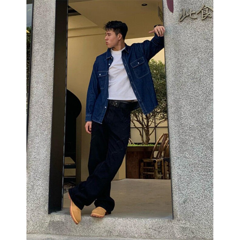日系复古水洗港风休闲男士工装长袖牛仔衬衫衬衣外套C6033,男装衬衫,星座1116A（原606A-3）
