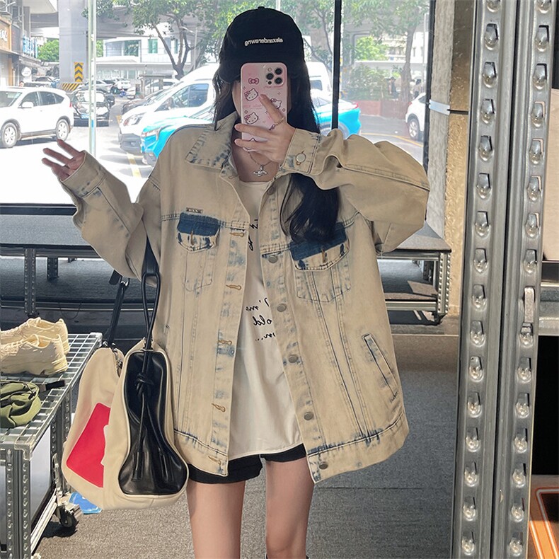 潮牌水洗米杏色牛仔外套女宽松翻领情侣夹克休闲春秋款NZ027-85图片