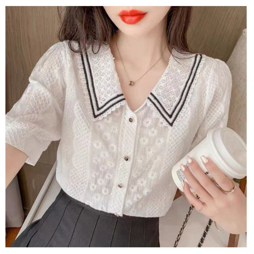 高品质花边面料吗！娃娃领衬衫女夏季2021新款短袖设计感小众刺绣法式温柔风白色上衣,女装蕾丝衫/雪纺衫,潮品会