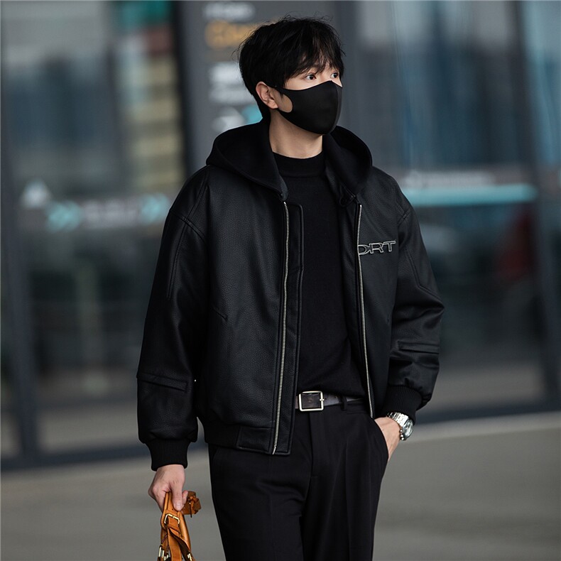 标50绒街拍男士连帽可拆卸PU皮羽绒服保暖外套B338-5066-P275,男装羽绒服,电商B338