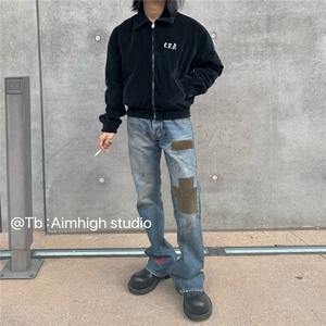 ERD忧郁的富二代贴布拼接丝绒灼烧修长洗水刀割破坏微喇牛仔裤图片