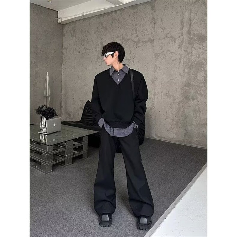 美式潮牌小众时髦高街假两件翻领卫衣衬衫拼接层次感上衣,男装衬衫,四季星座505